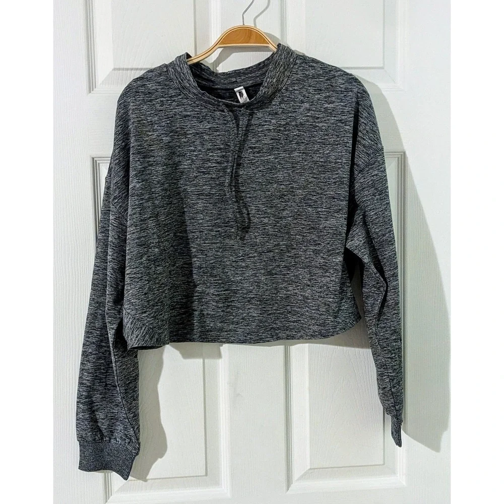 Zella Gray Cropped Pullover Drawstring Mock Neck Long Sleeve Top Size L NWOT‎